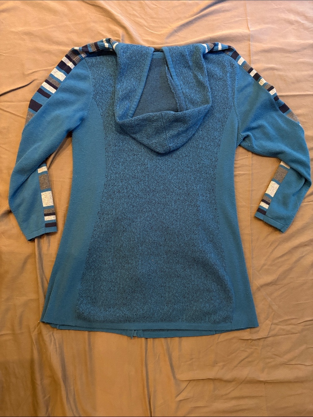 Title Nine Teal Hooded Zip Cardigan with Striped Sleeve Detail - Picture 6 of 6